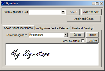 Select a stored signature and mark as default