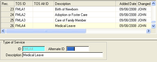 FMLA entries on Treatment Type of Service screen